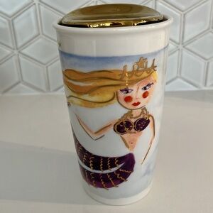 STARBUCKS Mermaid Art 2015 Ceramic Tumbler Gold Lid Sea Horse Siren 12 oz Travel
